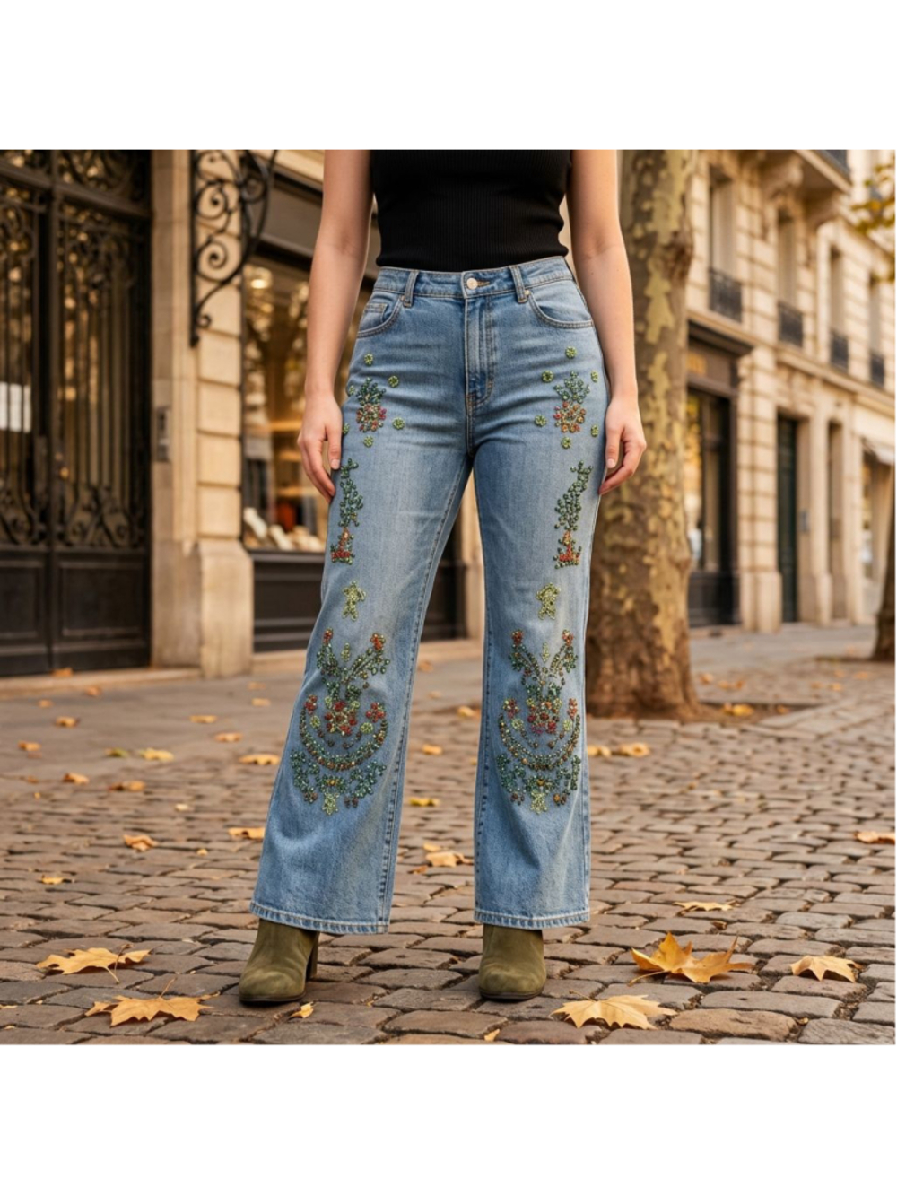 Rare Vintage AZITA Plus-size 24 Wide Flare Leg Denim Jeans Beaded Floral Detail